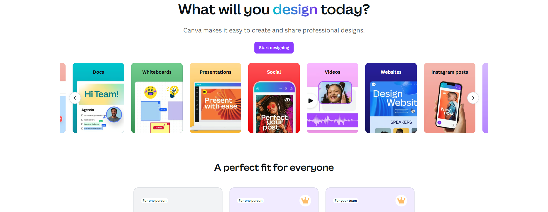 Canva homepage featuring diverse product offerings for purchase.