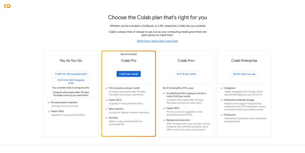 google colab pricing 